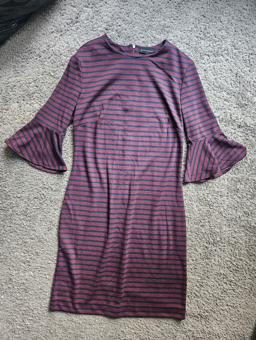 Banana Republic Burgundy and Black Striped Bell-Sleeve Midi Dress